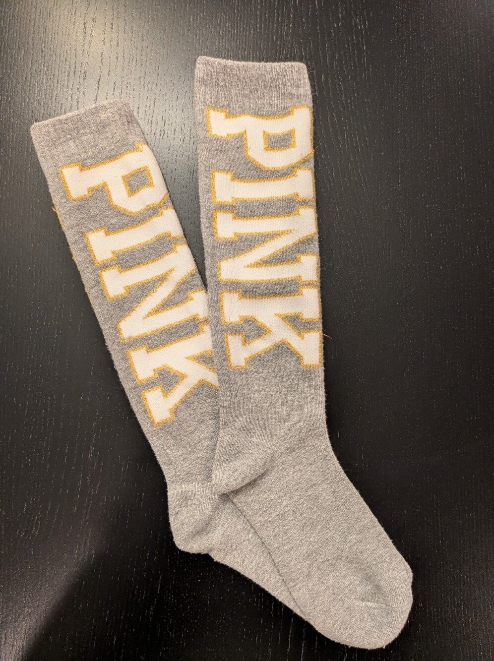 PINK Victoria's Secret Gray Crew Socks with Gold-Outlined White Logo